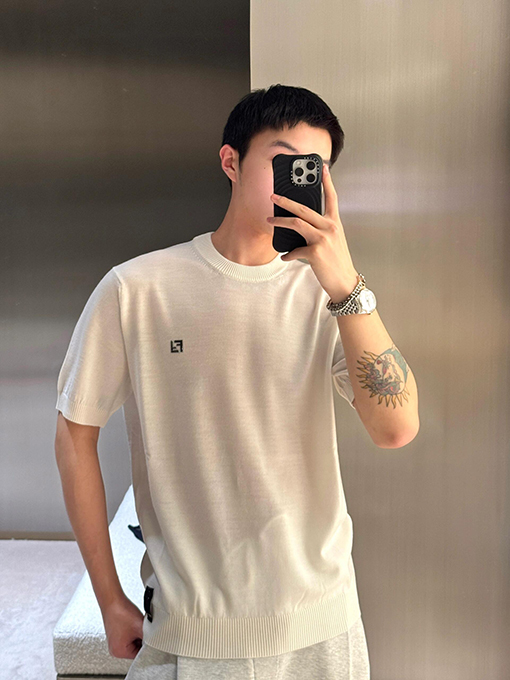 フェンディ ダブルFハードウェアラベル付きコットンウールニット半袖Tシャツ