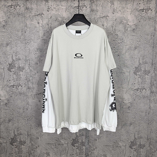 バレンシアガコピー BALENCIAGA Hybrid Double T-shirt in Light Grey/white アサシンハイブリッドダブルプリント刺繍入りライトグレー＆ホワイト平織りフェイクツーピース長袖シャツ