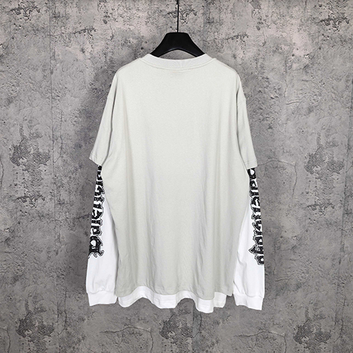 バレンシアガコピー BALENCIAGA Hybrid Double T-shirt in Light Grey/white アサシンハイブリッドダブルプリント刺繍入りライトグレー＆ホワイト平織りフェイクツーピース長袖シャツ