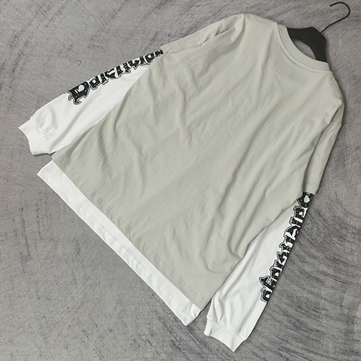 バレンシアガコピー BALENCIAGA Hybrid Double T-shirt in Light Grey/white アサシンハイブリッドダブルプリント刺繍入りライトグレー＆ホワイト平織りフェイクツーピース長袖シャツ