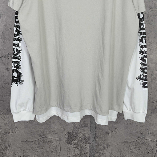 バレンシアガコピー BALENCIAGA Hybrid Double T-shirt in Light Grey/white アサシンハイブリッドダブルプリント刺繍入りライトグレー＆ホワイト平織りフェイクツーピース長袖シャツ