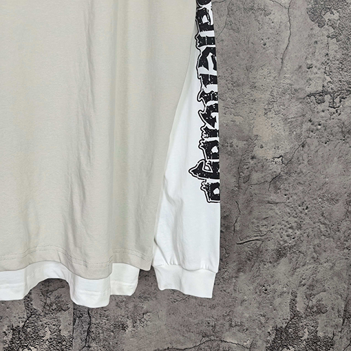 バレンシアガコピー BALENCIAGA Hybrid Double T-shirt in Light Grey/white アサシンハイブリッドダブルプリント刺繍入りライトグレー＆ホワイト平織りフェイクツーピース長袖シャツ