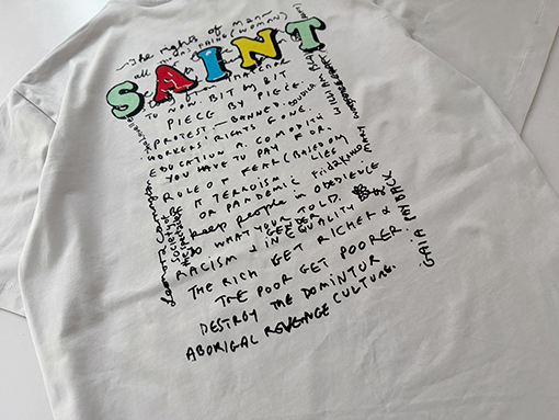 セントマイケル 新聞風マスク姿のポートレートコラージュプリント半袖Tシャツ