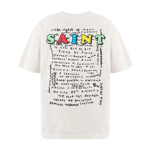 セントマイケル 新聞風マスク姿のポートレートコラージュプリント半袖Tシャツ