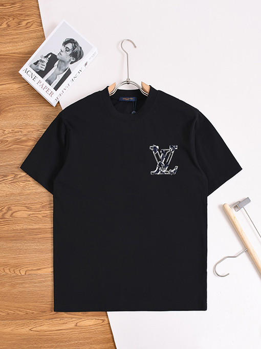 ルイヴィトンコピー 刺繍入りデニムパッチ付きウォッシュ半袖Tシャツ