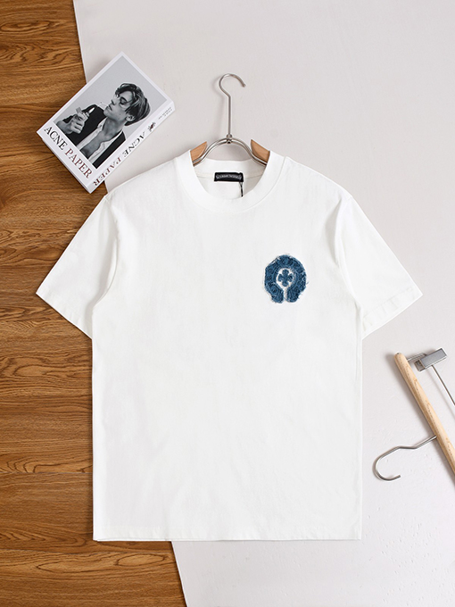 クロムハーツ デニムパッチウォッシュのクロスと蹄鉄の花柄半袖Tシャツ