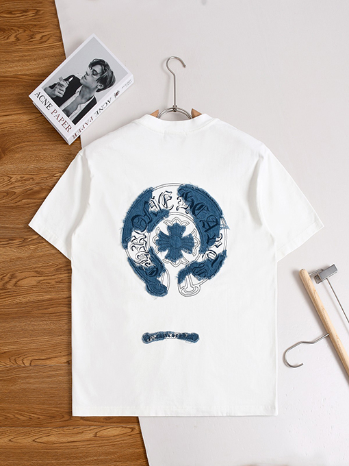 クロムハーツ デニムパッチウォッシュのクロスと蹄鉄の花柄半袖Tシャツ