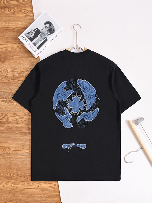 クロムハーツ デニムパッチウォッシュのクロスと蹄鉄の花柄半袖Tシャツ