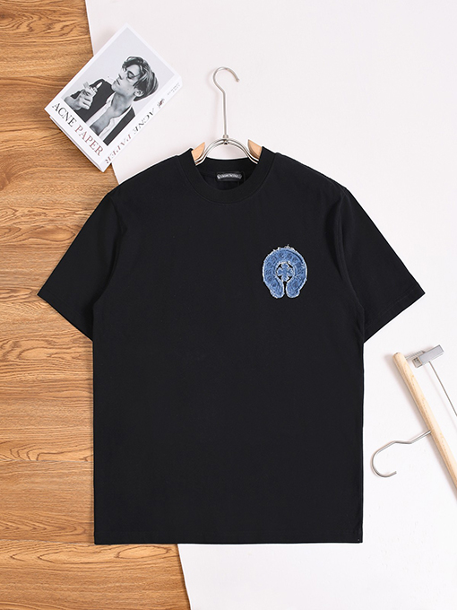 クロムハーツ デニムパッチウォッシュのクロスと蹄鉄の花柄半袖Tシャツ