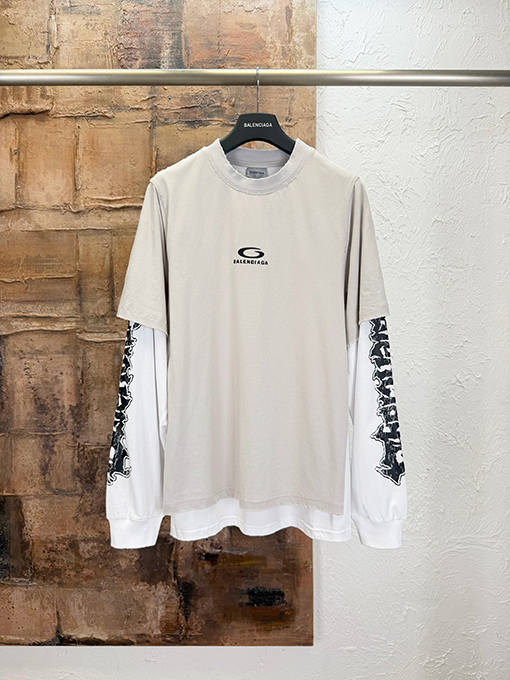バレンシアガ長袖シャツスーパーコピー BALENCIAGA 刺繍プリント入りダメージ風ツーピース長袖シャツ