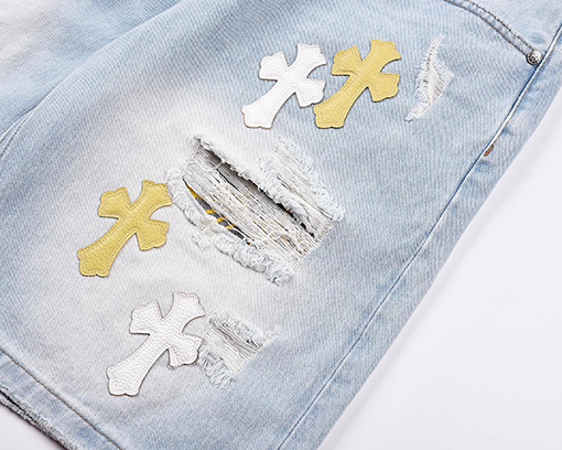 クロムハーツショートパンツコピー アメリカンスタイルのウォッシュドレザー刺繍入りダメージショーツ