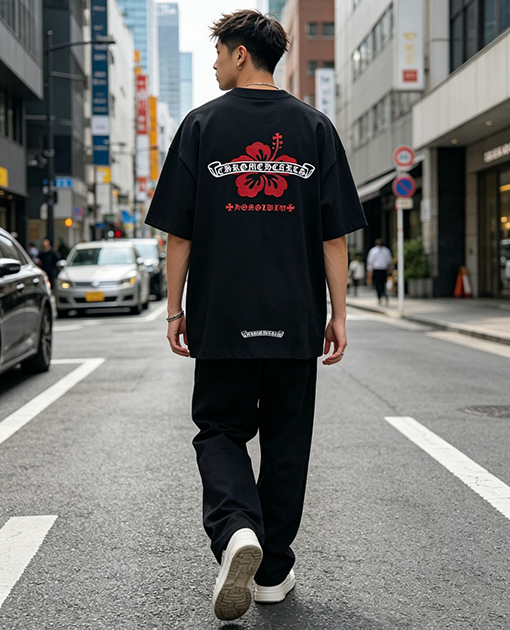 クロムハーツ 赤いハイビスカスの刺繍入り半袖Tシャツ